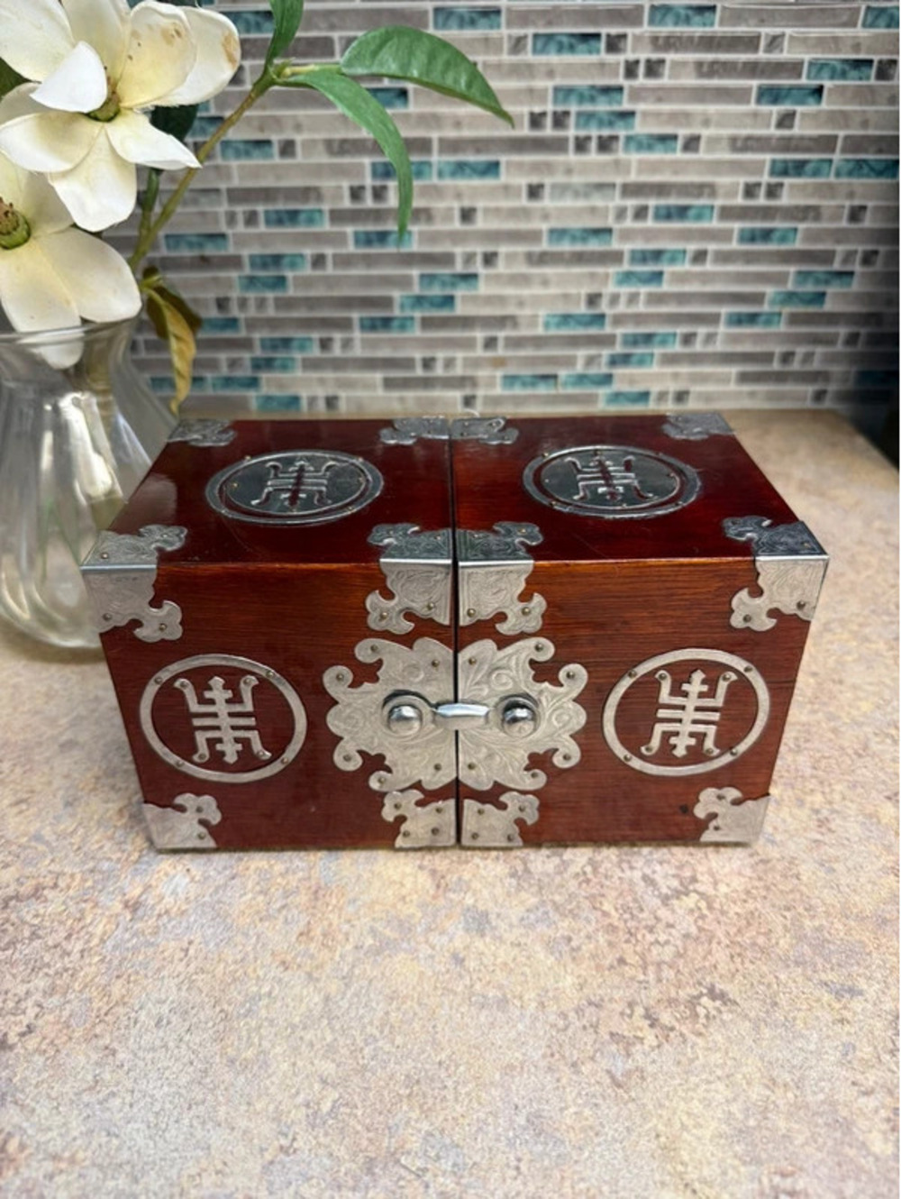 Vintage Asian Wooden Folding Jewelry Box Chest Ornate Metal Hardware Storage